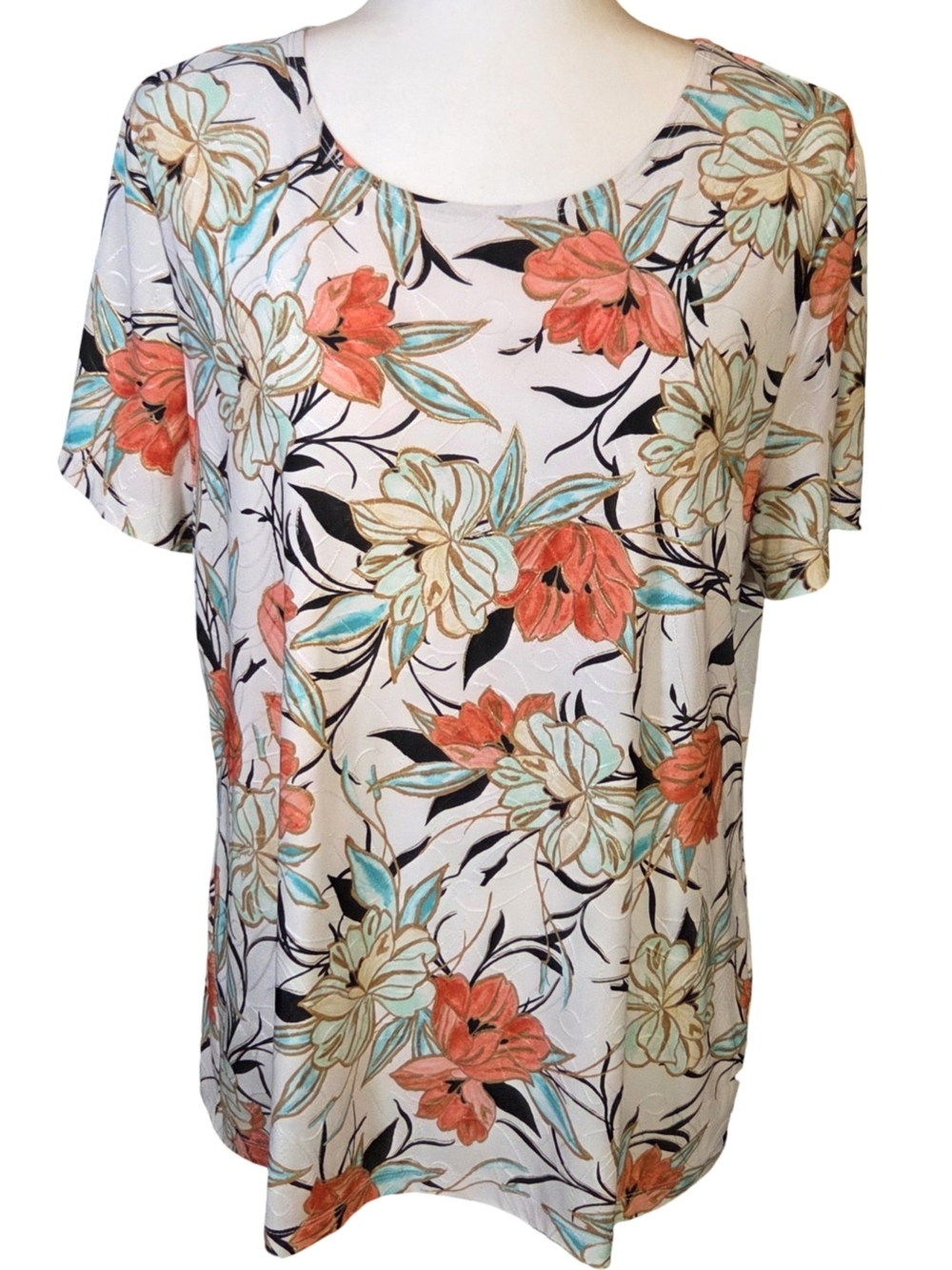 JM Collection Floral Short Sleeve Top Metallic Gold Accent Scoop Neck L